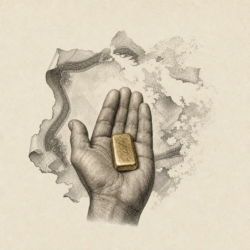 Eine offene Handfläche hält einen gegossenen Goldbarren, während ringsum die zerrissenen Ränder von Zertifikaten ins Papier zerfallen.