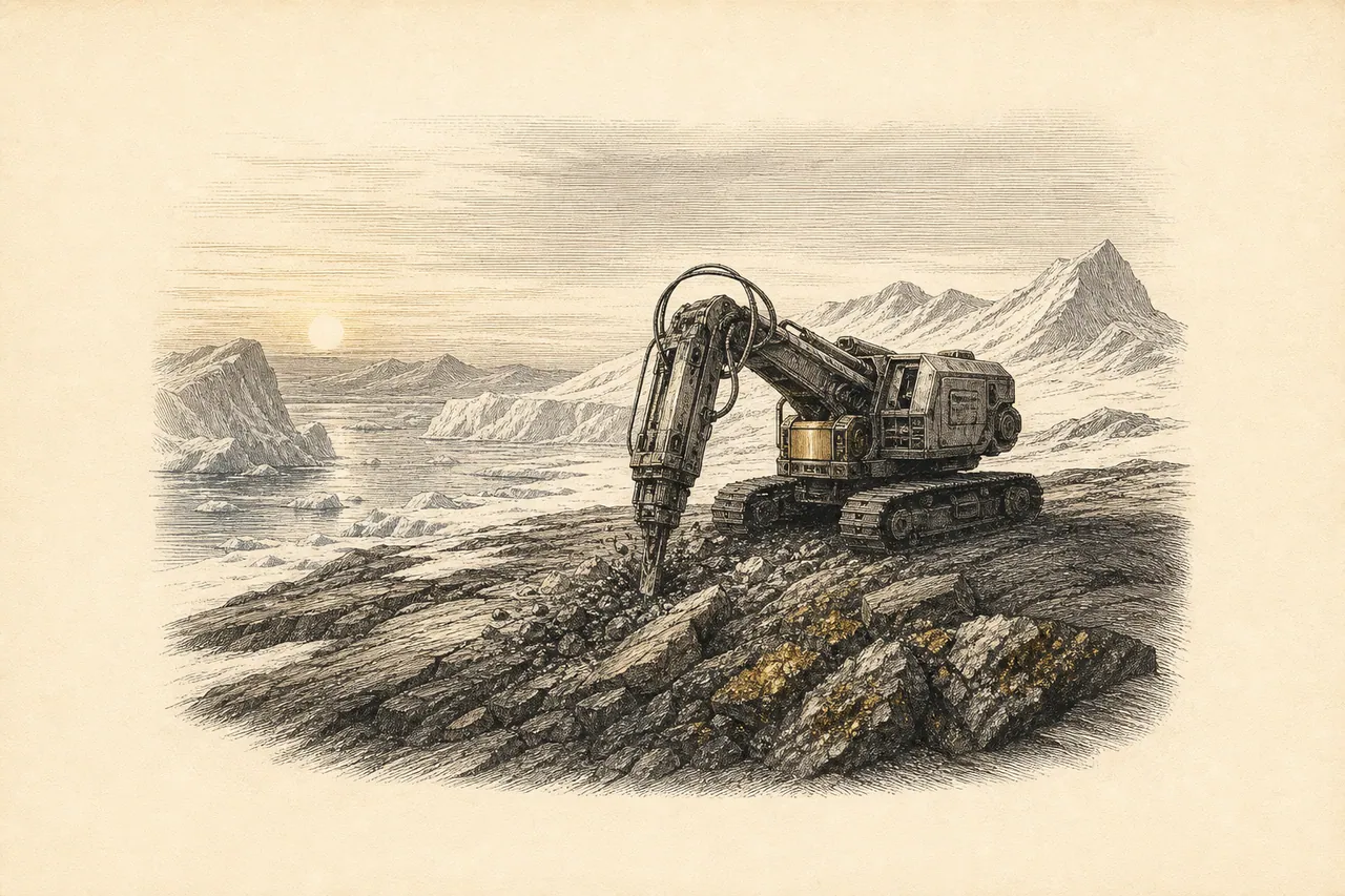 Autonome Bergbaumaschine auf einem arktischen Schild-Gestein-Aufschluss in Grönland