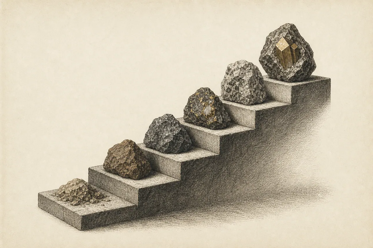Aufsteigende Kostenkurven-Treppe der Bergbau-Archetypen, von Clay zu Carbonatit