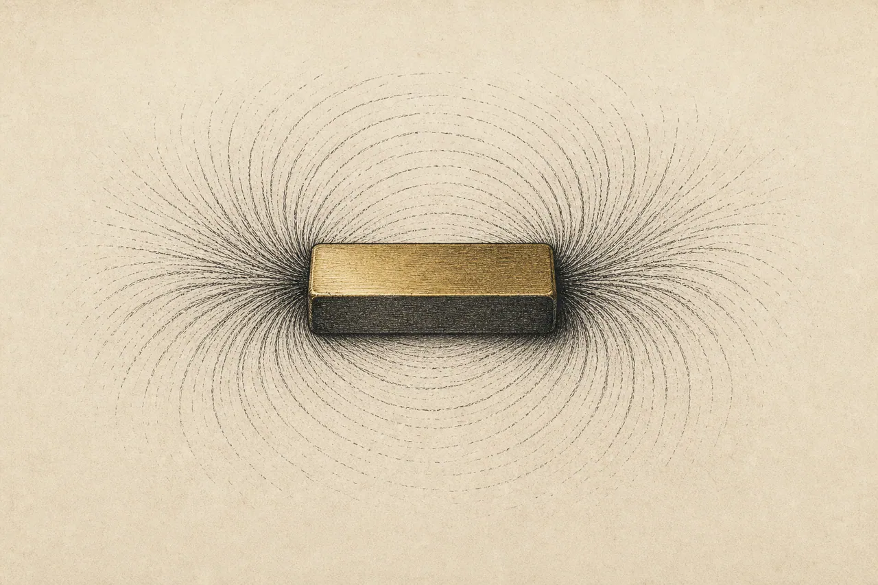Nd-Dy-Permanentmagnet mit Eisenfeilspan-Feldlinien und goldenem Kern